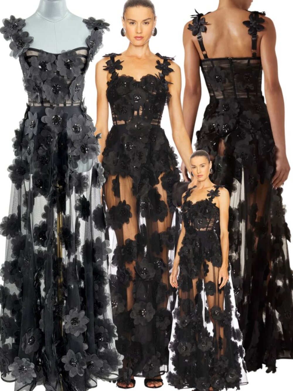 🆕 BRONX & BANCO 🧿 NWOT Rosalie Noir Floral-Appliqué Tulle Gown, Sz XS US 2